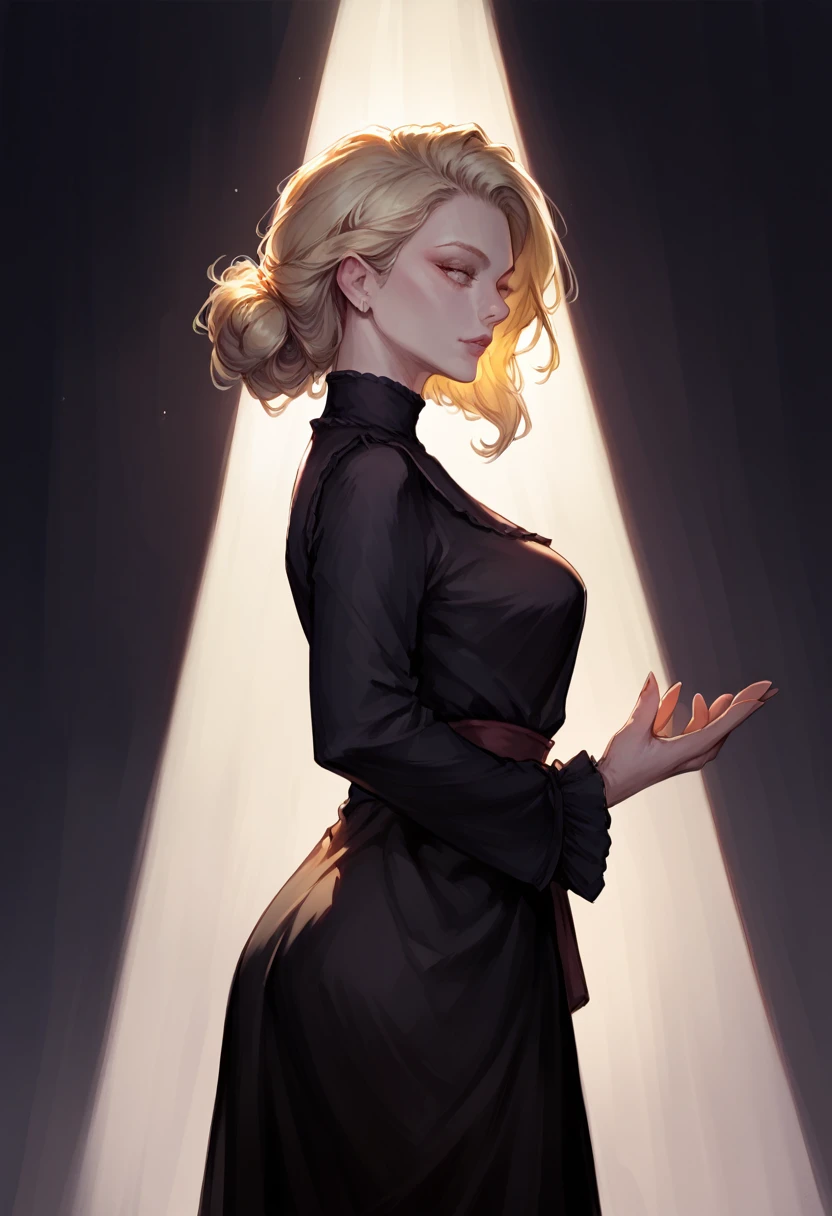 score_9, score_8_up, score_7_up, score_6_up, score_5_up, score_4_up, A blonde girl standing, dark background, dramatic diagonal lighting, painterly, realistic painting, soft feature, detailed hands, detailed, rembrandt lighting, artwork of upper body