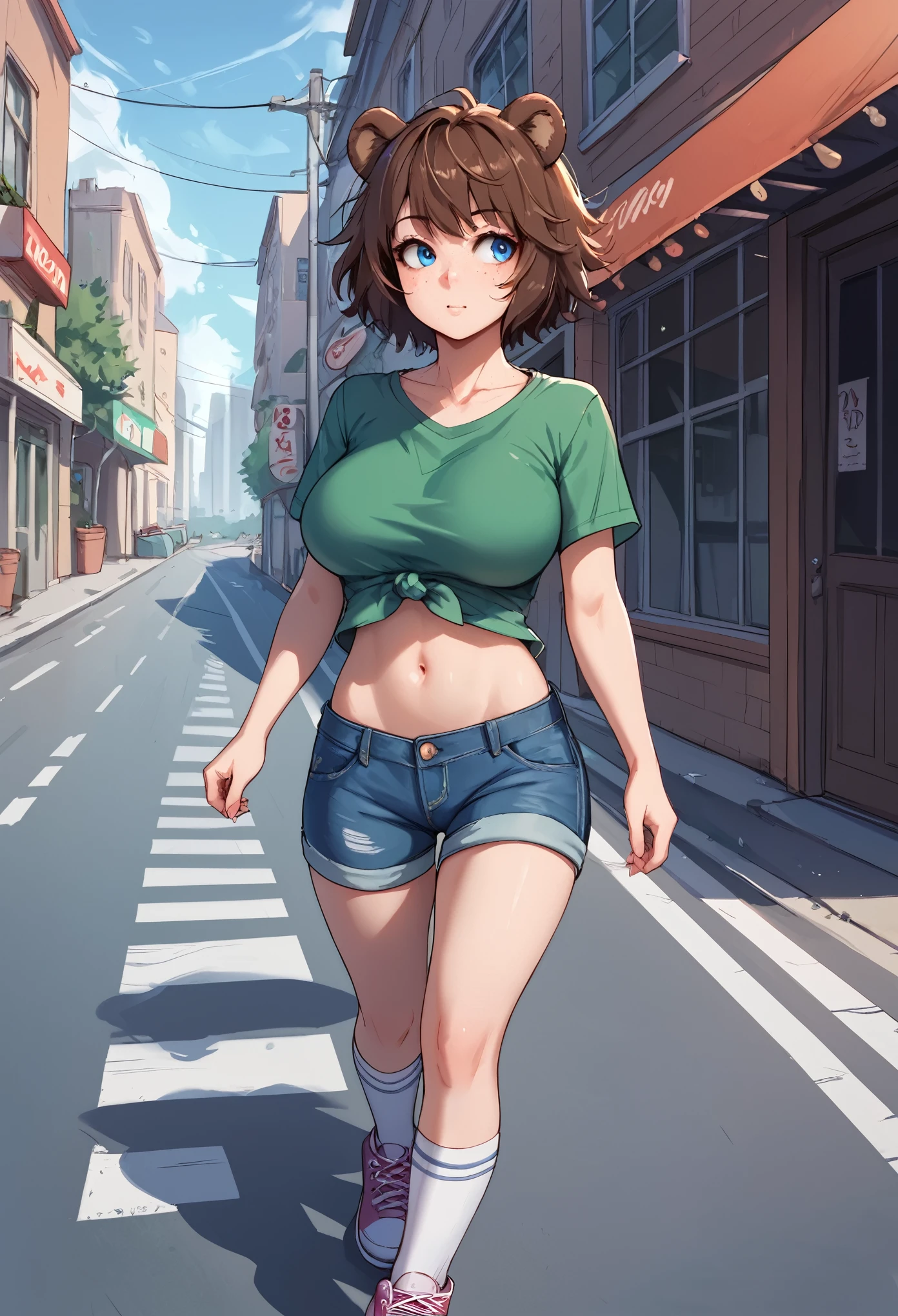 score_9, score_8_up, score_7_up, 1girl, solo, hourglass figure, Big breasts, kemonomimi, bear ears, brown hair, short hair, messy_hair, blue eyes BREAK freckles, green shirt, short sleeves, navel, denim shorts, high socks, white socks, sneakers, walking on paviment, outdoors, urban area, daytime, looking away, :o,