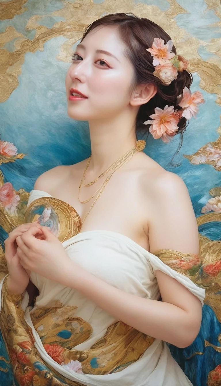 (Highest image quality, realistic depiction),(Body slippery with lotion,sweaty body),artistic all naked art,(Beautiful nude woman imitating the birth of Venus,),Colossal tits,((best character depiction,beautiful nude body))