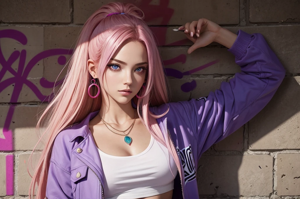 (masterpiece, Best quality, 1 girl, One, complex parts, chromatic aberration), realistic, ((average breathing)),long hair, pink hair, red head decoration, pink highlights, hair over one eye,purple eyes, earrings, keen eyes, necklace, neon shirt, open jacket, Crop top, (eye symmetry),(perfect symmetrical body),near the wall, Brick wall, graffiti, dim lighting, lane ,look at the viewer. very sexy, slutty pose,