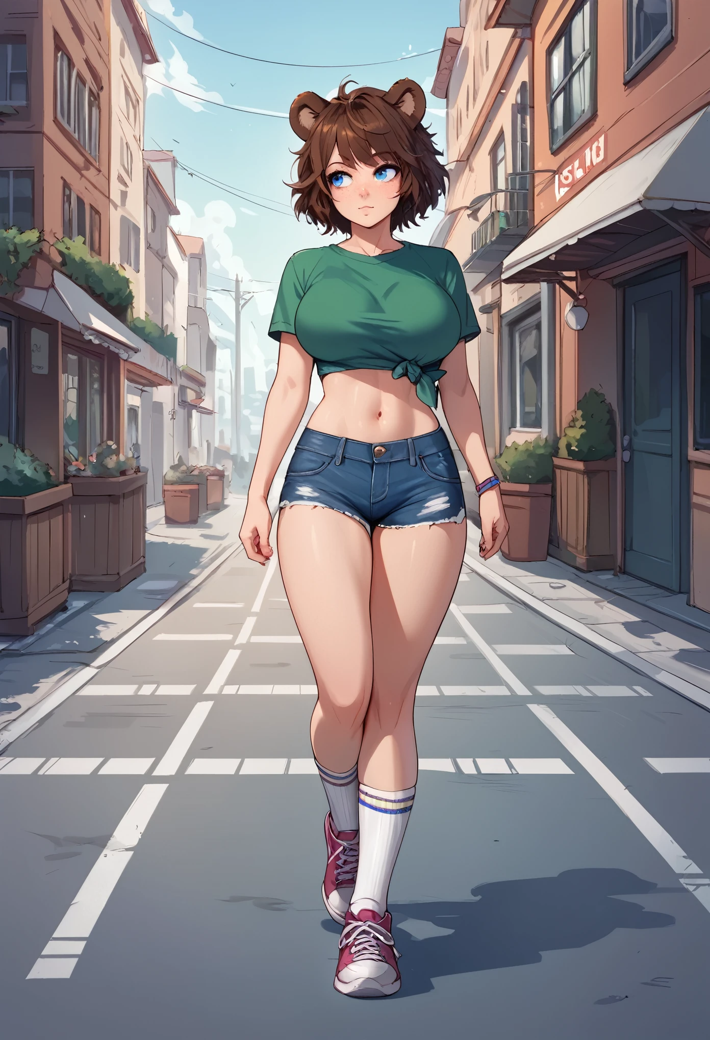 score_9, score_8_up, score_7_up, 1girl, solo, hourglass figure, Big breasts, kemonomimi, bear ears, brown hair, short hair, messy_hair, blue eyes BREAK freckles, green shirt, short sleeves, navel, denim shorts, high socks, white socks, sneakers, walking on paviment, outdoors, urban area, daytime, looking away, :o,  