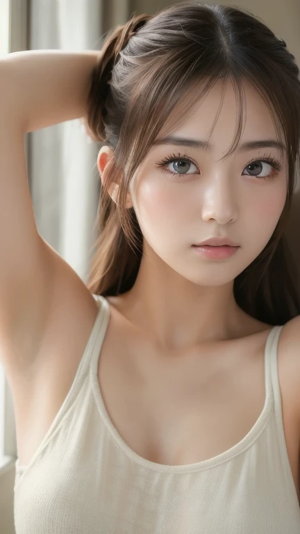 ((Highest quality, 8k, masterpiece :1.3)),One Japanese girl, Beautiful woman with slim abdominal muscles :1.3, (Random Hairstyles :1.2), Oversized tank top :1.2, Highly detailed face, Detailed eyes, double eyelid, Underarm