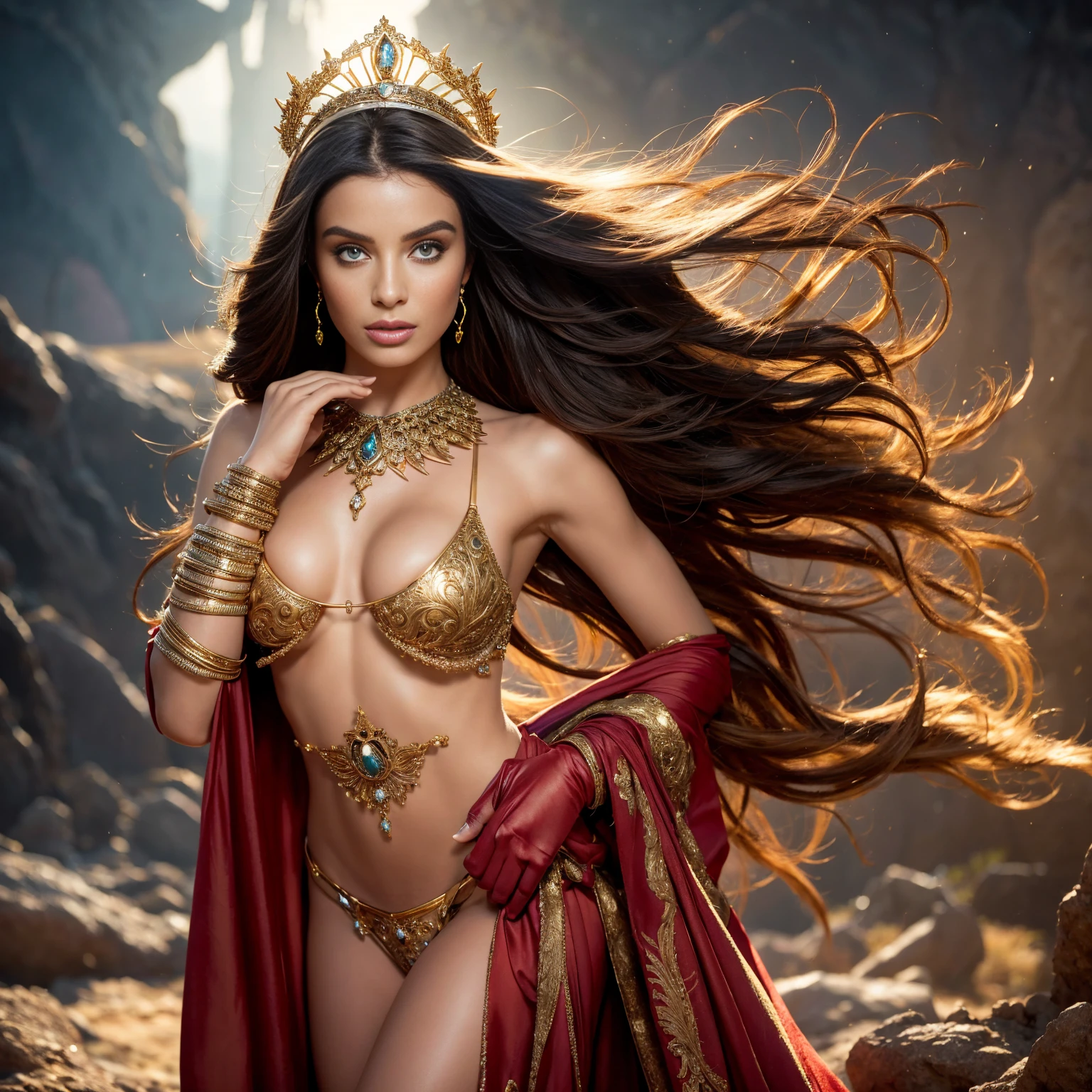 The prompt: "Nude princess of Mars, intricate details, intricate gold jewelry, athletic and fit body, slutty, perfect hands, detailed hands, perfect eyes, detailed eyes, flirty, sexy, realistic, HDR, UHD, dynamic" Stable Diffusion prompt: "princess of Mars, intricate details, intricate gold jewelry, athletic and fit body, slutty, perfect hands, detailed hands, perfect eyes, detailed eyes, flirty, sexy, realistic, HDR, UHD, dynamic, oil painting, flowing red gown, vibrant colors, cosmic tattoos, glowing aura, fiery landscapes, captivating gaze, alluring charm, hypnotic atmosphere, celestial crown, radiant sunlight, intricate facial features, shimmering body jewelry, majestic presence, ethereal beauty, powerful aura, goddess-like elegance, otherworldly landscapes, striking pose, intense passion, alluring shadows, seductive allure, seamless blending of humanity and Martian heritage, evocative lighting, compelling gaze, sensuous curves, exquisite craftsmanship, divine femininity, transcendent allure, immortal grace, enigmatic beauty, mesmerizing radiance, awe-inspiring scenery, spellbinding energy, intoxicating blend of strength and vulnerability."