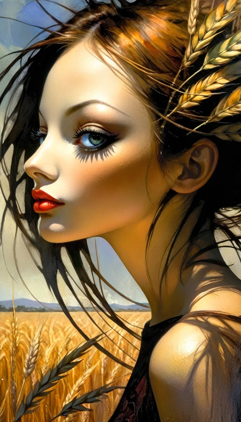 a sexy girl in the middle of a wheat field, very long brown hair, cowboy hat, nude, nsfw,missionary sex {{penis in vagina}}, sweaty, sexual, excited, emotional impact,(best quality,4k,8k,highres,masterpiece:1.2),ultra-detailed,(realistic,photorealistic,photo-realistic:1.37),intricate details,vivid colors,sharp focus,professional,Dave McKean artwork, oil touch of surrealism,oil painting style,portrait,woman,beautiful detailed eyes,beautiful detailed lips,dreamlike atmosphere,shadow play,soft lighting,playful pose,dark hues,ethereal background,fantasy elements,texture,layered composition.