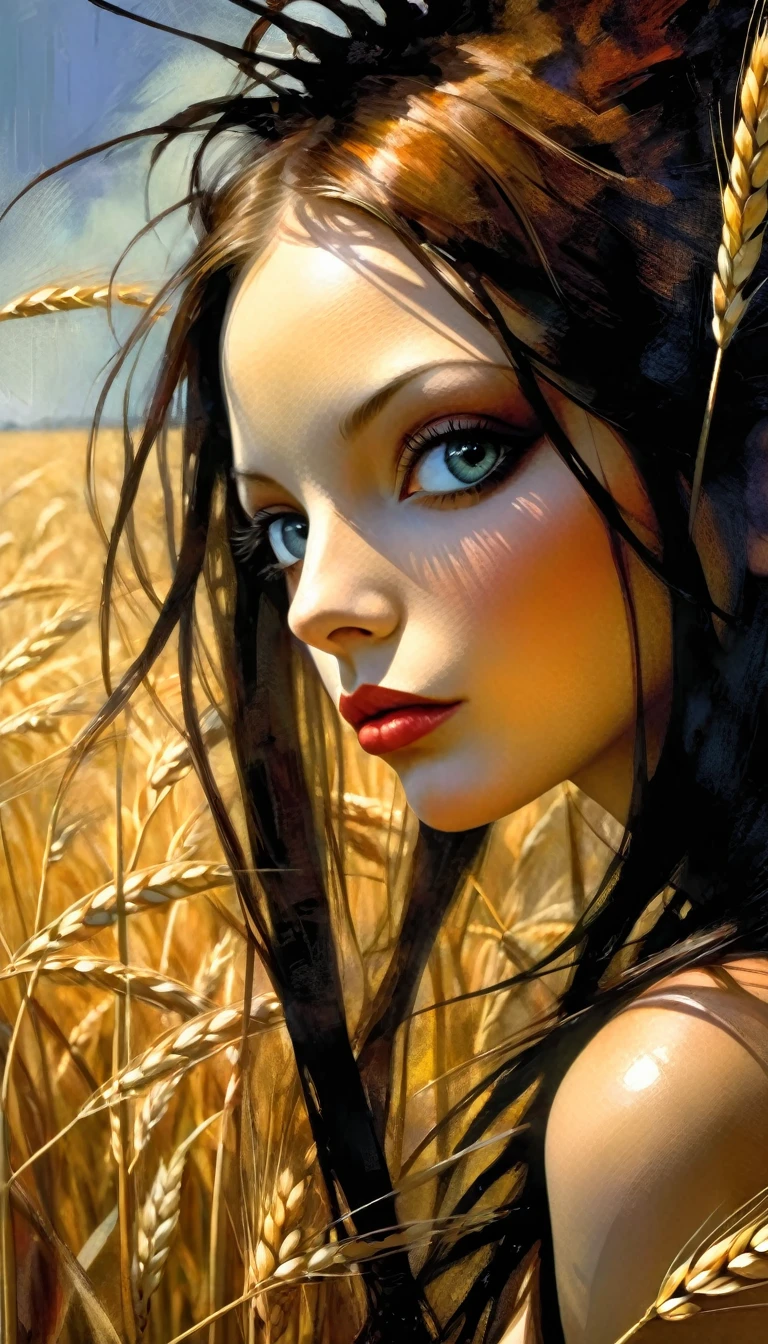 a y girl in the middle of a wheat field, very long brown hair, cowboy hat, nudsfw,missionary sex {{ps in v}}, sweatual, excited, emotimpact,(best quality,4k,8k,highres,masterpiece:1.2),ultra-detailed,(realistic,photorealistic,photo-realistic:1.37),intricate details,vivid colors,sharp focus,professional,Dave McKean artwork, oil touch of surrealism,oil painting style,portrait,woman,beautiful detailed eyes,beautiful detailed lips,dreamlike atmosphere,shadow play,soft lighting,playful pose,dark hues,ethereal background,fantasy elements,texture,layered composition.