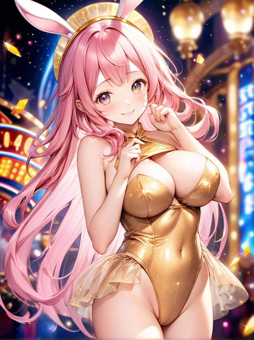 (Highest quality, 8k, 32K, masterpiece, Ultra-high resolution,:1.2),to be born, One Girl,So cute , Casino-like fantasy background, clear, Shining Eyes, Age 25 ,Fair skin, Pink hair girl, Fantasy Clothing, Long Hair, An innocent smile, Small ,Golden Dress, night, Bunny girl, Rabbit Ears,Nyan Nyan Pose,sexy,Large breasts,Sparkling,Sparklingエフェクト,Rainbow colored leotard