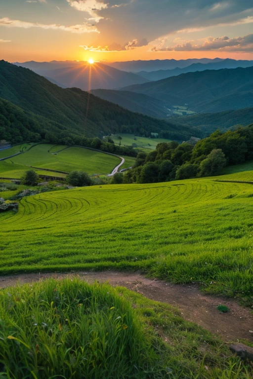 Mountain、green、sunset