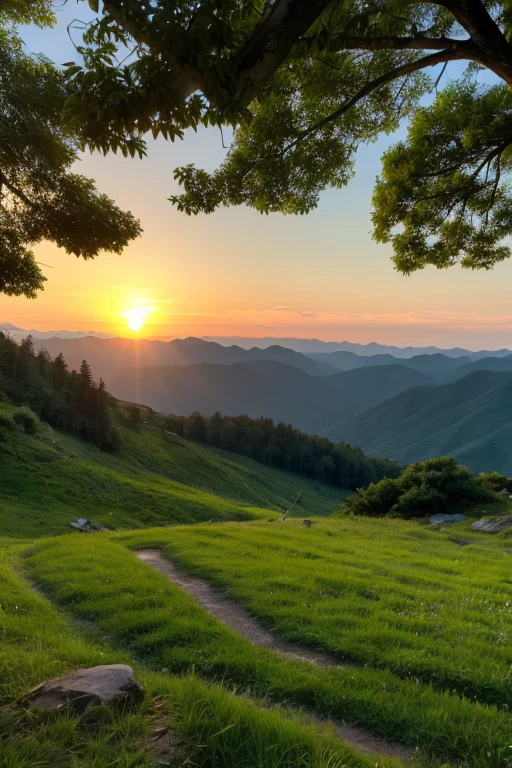 Mountain、green、sunset