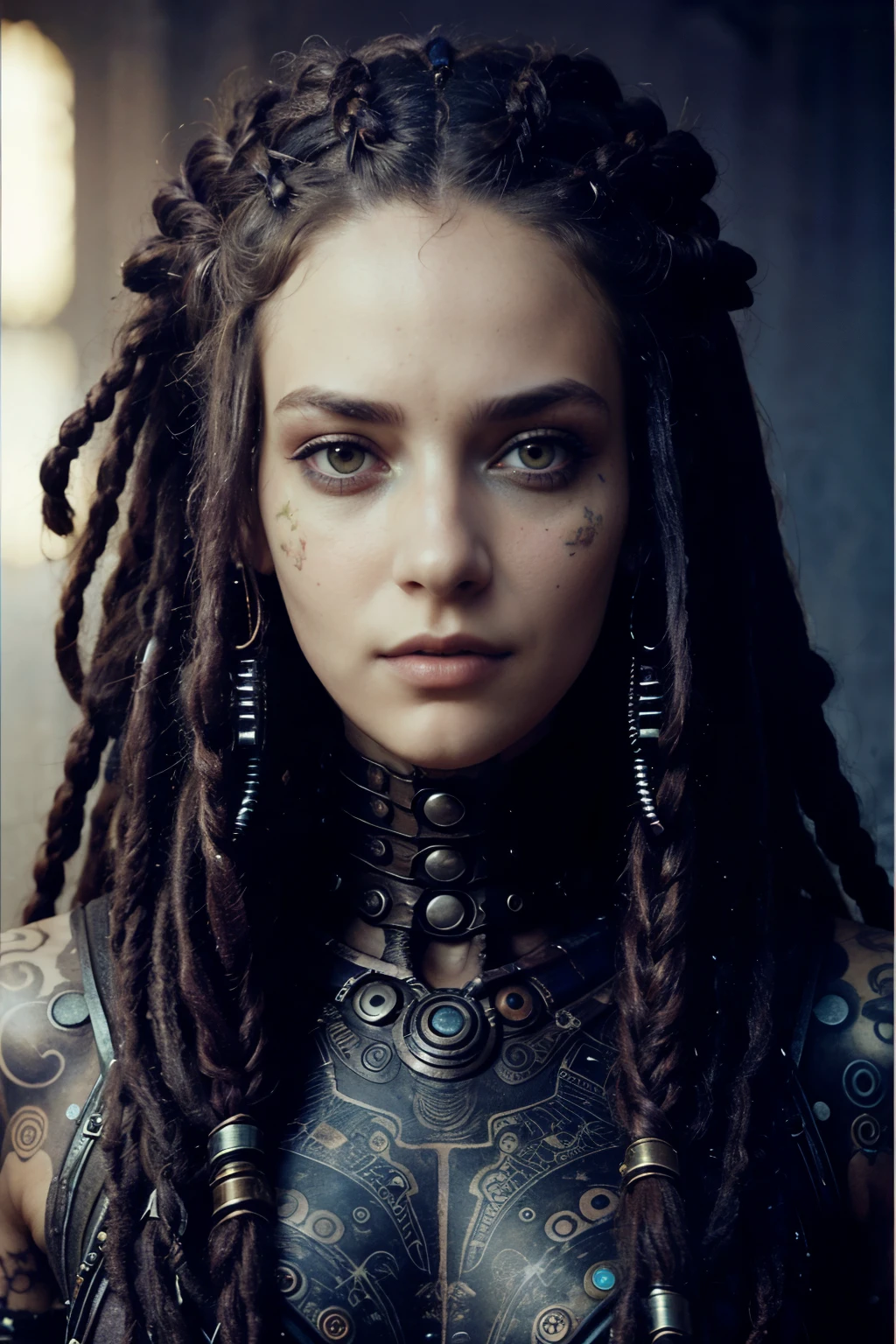 ASCIIa girl 18 years old, with dread locks and makeup looks into the camera with a creepy look on her face and eyes, Android Jones, biopunk, concept art, video art, matrix color grading, tattoos in her face, scify, steampunk_costume, steampunkai
