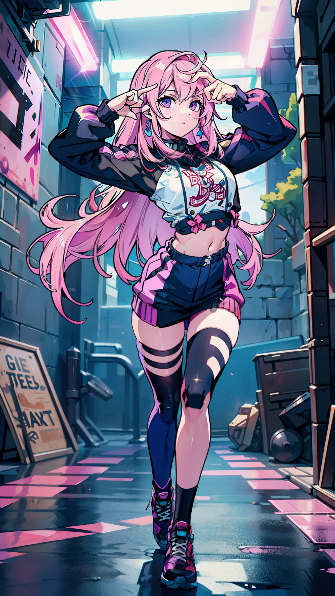 (masterpiece, best quality, 1girl, solo, intricate details, chromatic aberration), realistic, ((medium breath)),long hair, pink hair, red head ornament, pink highlights, hair over one eye,purple eyes, earrings, sharp eyes, choker, neon shirt, open jacket, crop top, (symmetry eyes),(perfect symmetrical body),against wall, brick wall, graffiti, dim lighting, alley ,look at viewer, woman at a gym, cute, front Pose, fitness girl, standing, erect Pose, symetrical, fitness model, skinny, Red sneakers, best qualityer, relaxed arms, hands down, ankle, fullbody view, stand straight with your back upright. Keep your shoulders back and maintain a straight line from your head to your feet, symmetrical frontal view, face aligned, hearts hand pose