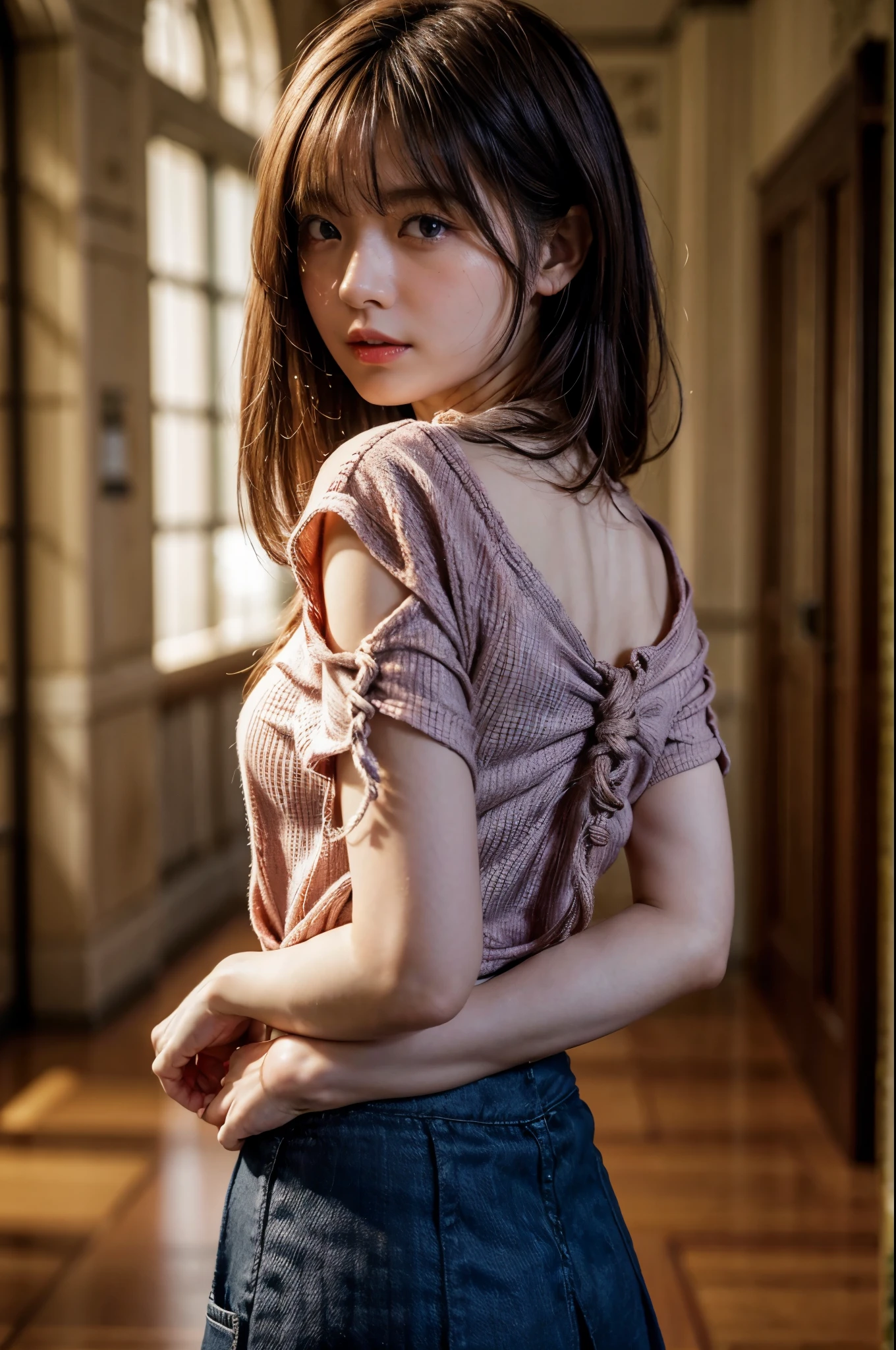 Put your hands behind your back、Put your wrists together、Wrap a rope around your wrist three times、shibari、Beauty、20-year-old、university student、Well-balanced proportions、Small face、Wear a short-sleeved blouse、Wearing a skirt、Anatomically correct body、whole body、, light brown hair, hair over shoulder, parted bangs, straight hair, symbol-shaped pupils, parted lips, horrified, Surrealism, Verism, cinematic lighting, depth of field, first-person view, from behind, f/1.2, Nikon, tachi-e, UHD, high quality, best quality, highres, 8k