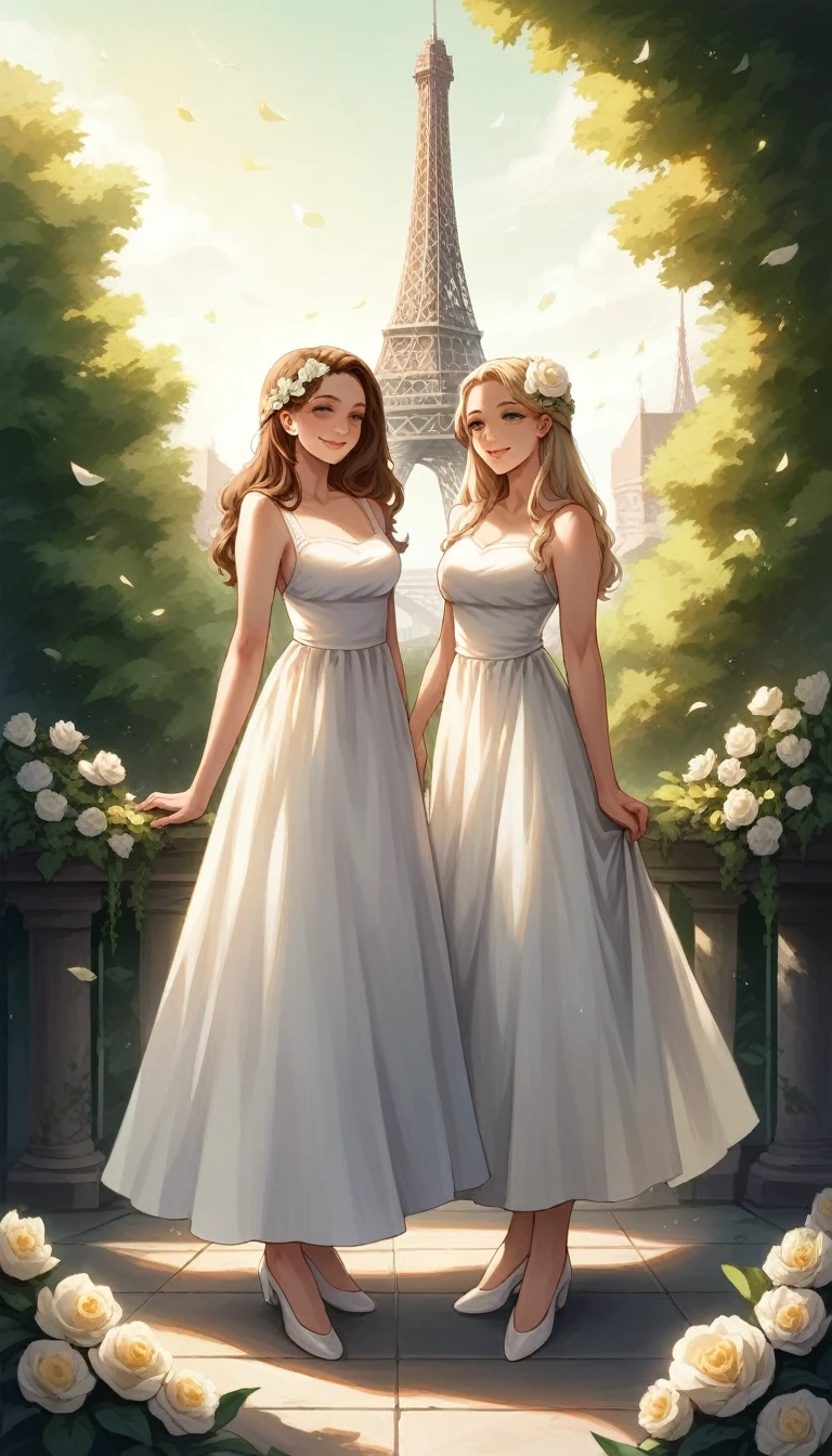 4D realistic image featuring two beautiful Turkish women in dynamic poses, wearing modern casuals, on a vintage Eiffel Tower background. They were on a Parisian street surrounded by flower shops and cafes, with raindrops drenching the green leaves around them. Image details should include soft lighting to create a romantic atmosphere, with high resolution highlighting all elements clearly, all smiling faces facing the camera, ideal height, beautiful evening, wearing white shoes