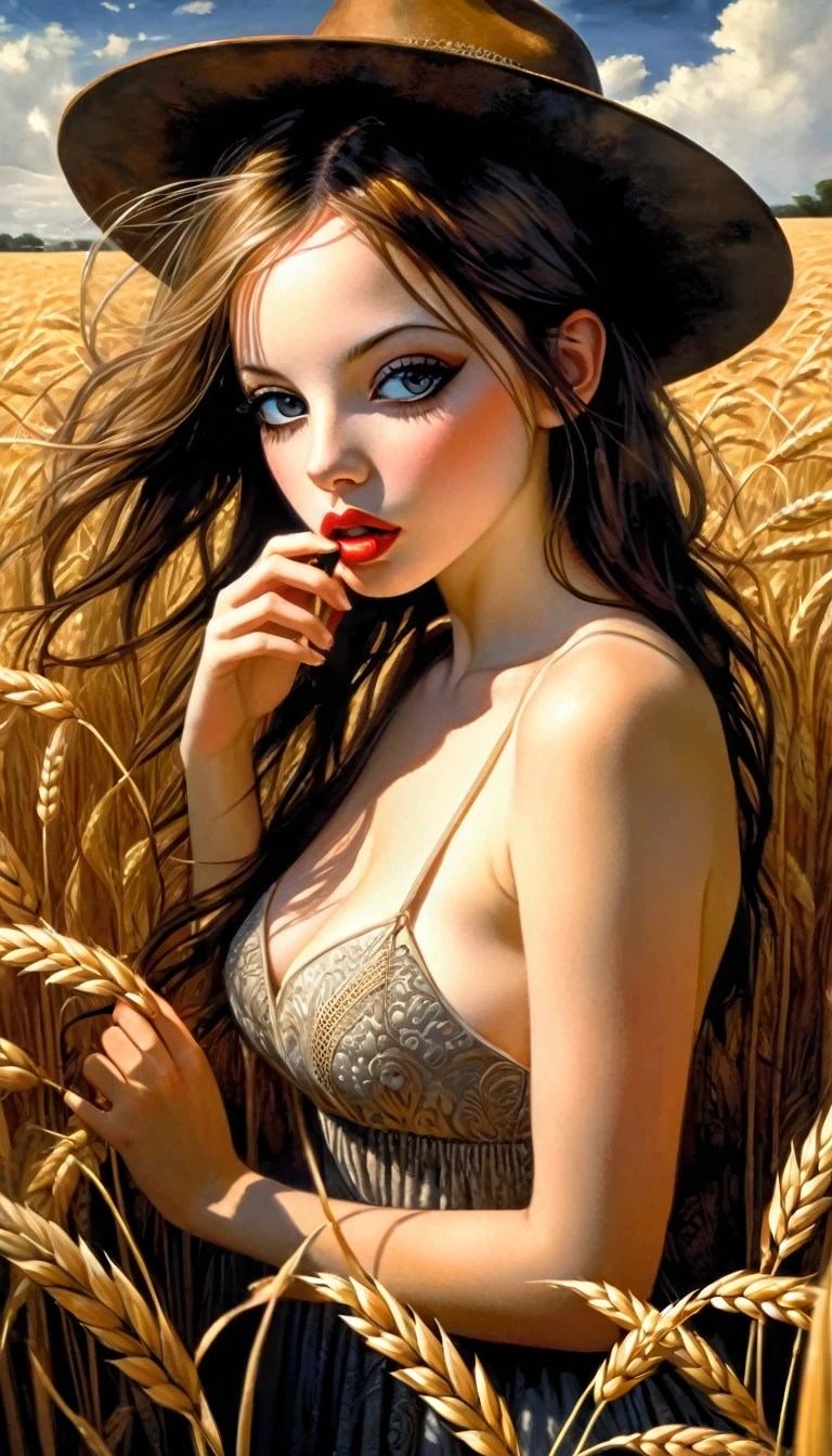 a sexy girl in the middle of a wheat field, very long brown hair, cowboy hat, nude,blowjob, penis, erection, 1girl, 1boy, beautiful young woman sucking penis, pov, pov crotch, looking at viewer, exhibitionism, public indecency, white sundress, emotional impact,(best quality,4k,8k,highres,masterpiece:1.2),ultra-detailed,(realistic,photorealistic,photo-realistic:1.37),intricate details,vivid colors,sharp focus,professional,Dave McKean artwork, oil touch of surrealism,oil painting style,portrait,woman,beautiful detailed eyes,beautiful detailed lips,dreamlike atmosphere,shadow play,soft lighting,playful pose,dark hues,ethereal background,fantasy elements,texture,layered composition.
