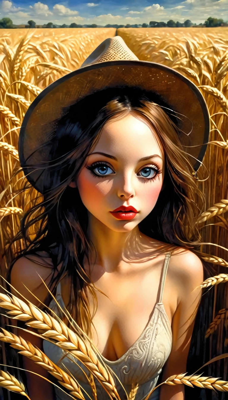 a sexy girl in the middle of a wheat field, very long brown hair, cowboy hat, nude,blowjob, penis, erection, 1girl, 1boy, beautiful young woman sucking penis, pov, pov crotch, looking at viewer, exhibitionism, public indecency, white sundress, emotional impact,(best quality,4k,8k,highres,masterpiece:1.2),ultra-detailed,(realistic,photorealistic,photo-realistic:1.37),intricate details,vivid colors,sharp focus,professional,Dave McKean artwork, oil touch of surrealism,oil painting style,portrait,woman,beautiful detailed eyes,beautiful detailed lips,dreamlike atmosphere,shadow play,soft lighting,playful pose,dark hues,ethereal background,fantasy elements,texture,layered composition.
