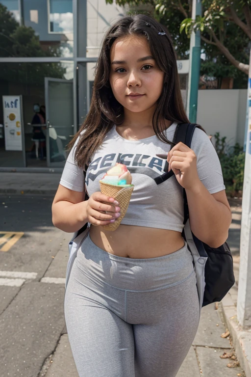 chubby teenager with backpack wearing transparent gray leggings eating ice cream outside school with her classmates