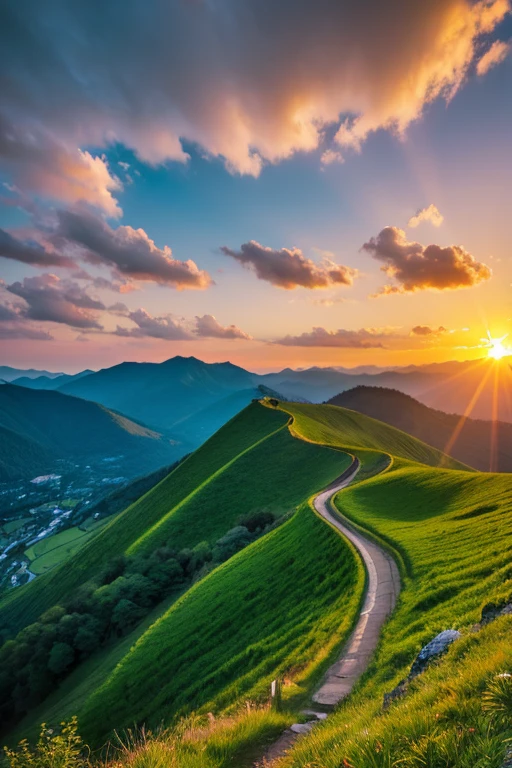 Mountain、green、sunset