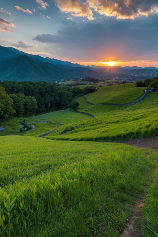 Mountain、green、sunset
