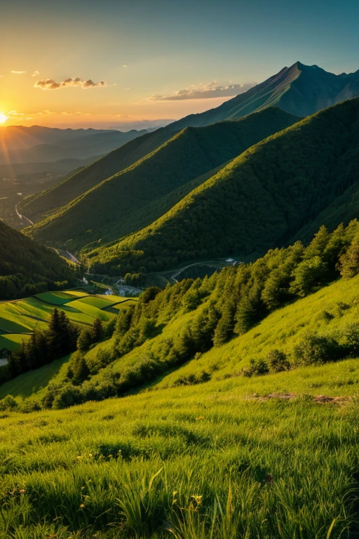 Mountain、green、sunset
