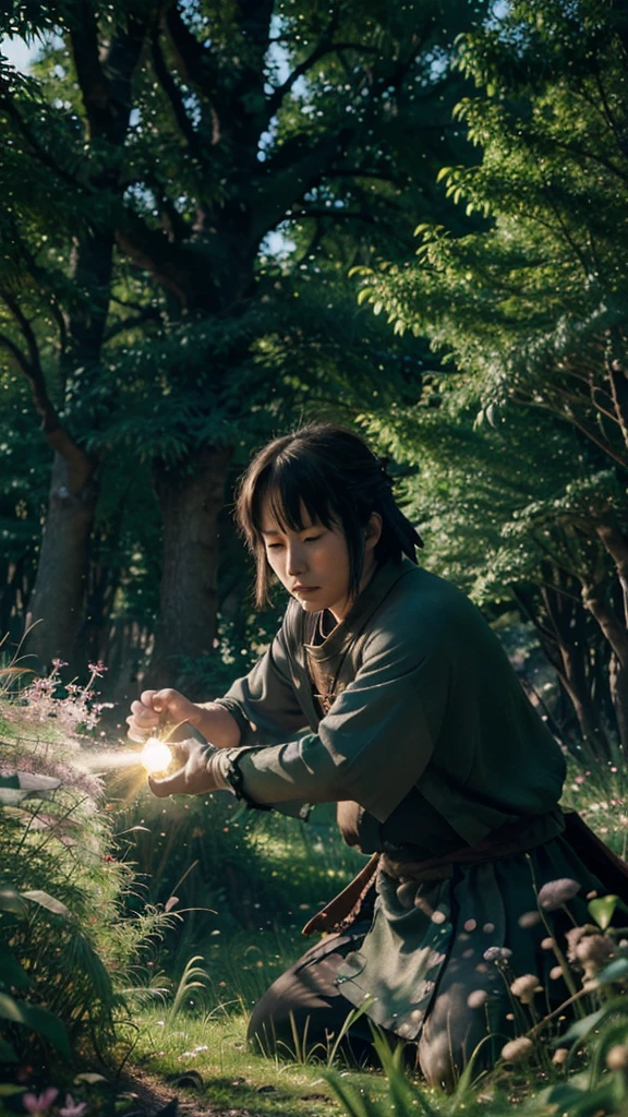 A Samurai is Fighting in The Enchanted Forest , (((Ghibli style))), Spirited Away, Howl’s Moving Castle, dreamy colour palette style.