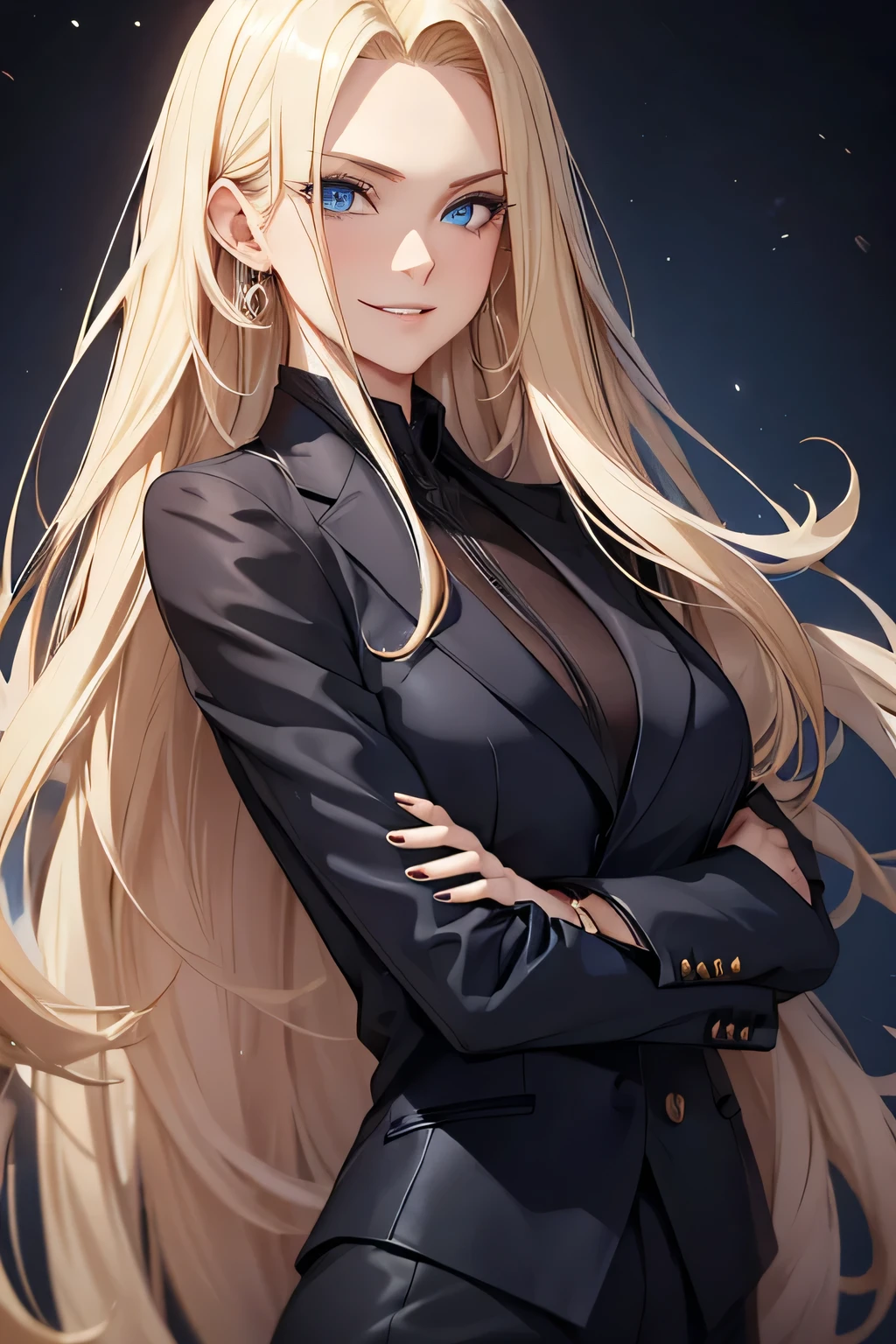 woman, 30 years, blond, long hair, blue eyes, luxurious clothes, evil laughing, using black suit.