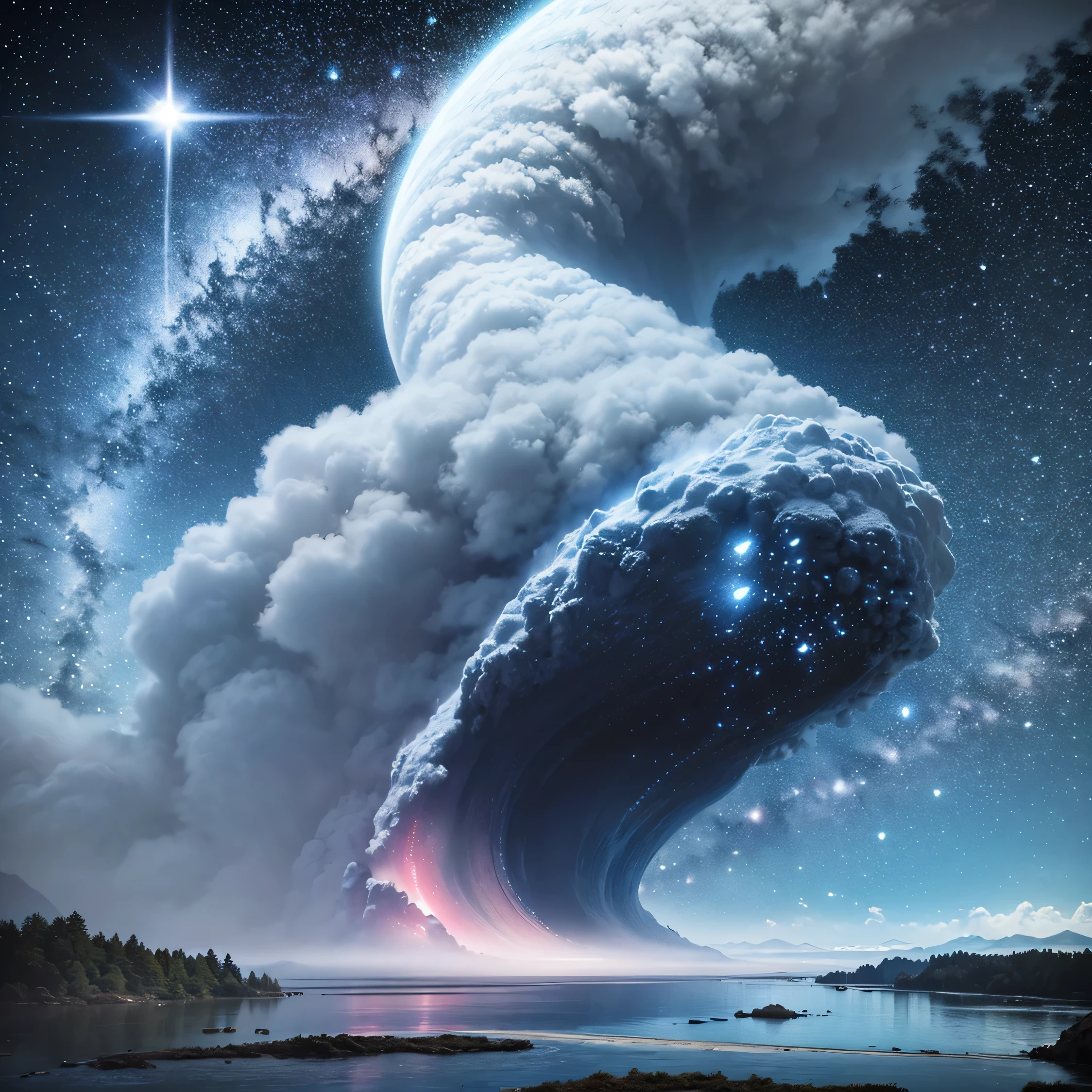 (8k, highest quality, masterpiece, final fantasy style: 1.2), (unRealistic, photoRealistic: 1.37), Dreamy landscape, Fantasy, Unsurreal landscapes, Super detailed, Flying Castle, Floating Island in the Sky, Seven-colored swirl of light, Intense lightning, milky way, Complex Light, Colored light, Large Lake, Starry sky reflected on the lake surface, Countless shining stars, Meteors,  Reflections , (A pillar of light emanated from the ground:1,2),heavenly roses and orchids gardens on the ground , sunset, pink clouds, waterfall in the sky, realistic style, Hyperrealism drawing, a flying pirate spaceship floating at the clouds level, burning skyscrapers, cyborgs, timeless realms, stunning  princess  , floating hair, pink lipstick, cute,  shoulders ,  circlet, sideless, backless, white mage robe, white leotard, pelvic curtain, leaning forward, casting spell, healing light magic effect, in a magical lagoon of the fairyland, crystal clear water surface reflections, sharp focus, looking at viewer, (close-up:0.9), (bright white theme:1.2), (bright white tone:1.2), (deep blue tone:1.3), realistic, Hyperrealism,
