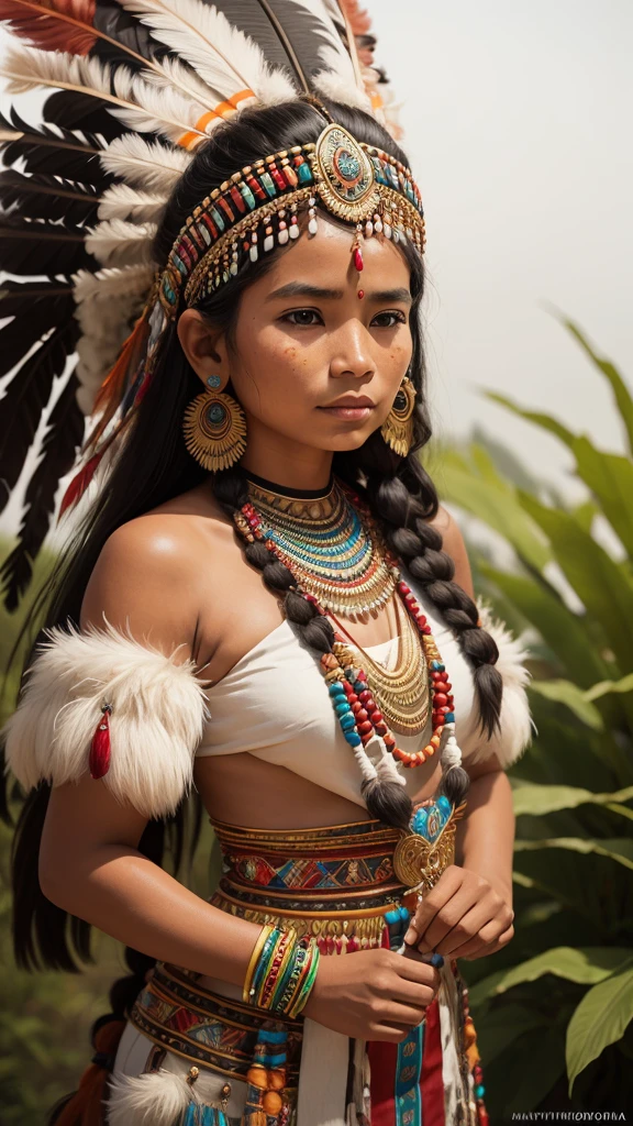 arafed woman in native dress with feather headdress and headdress, a portrait by Caroline Mytinger, tumblr, sumatraism, amazon indian peoples in brazil, wearing an elegant tribal outfit, wearing authentic attire, tribal clothing, portrait of a young pocahontas, wearing a dress made of beads, traditional beauty, a young female shaman, leaked image