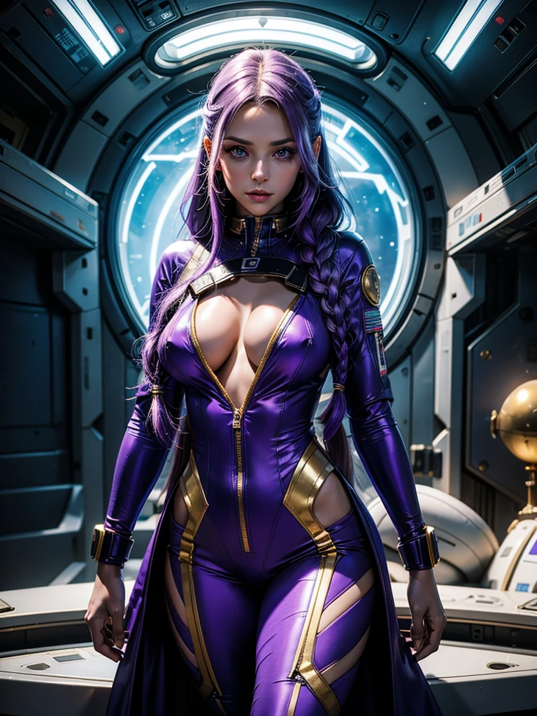 Beautiful Caucasian woman. Slim body. Just a woman. Alone. Western woman. Long hair with 1 braid. Purple hair. Bright purple eyes. Woman cosplaying as an astronaut. Her outfit is a golden astronaut jumpsuit with a large cleavage on her breasts. The woman is in a brightly lit white space station with a futuristic window showing space. The place has several blue holographic monitors. Dynamic light. Dynamic shadows. High resolution. Detailed.