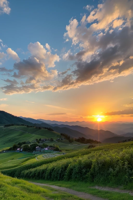 Mountain、green、sunset