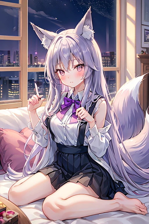 Good quality, perfect quality, perfect, Adult Anime Girl 2d Long Hair Loose light Purple-Grayish, Age Adulthood adult, fox ears, fox tail, living room,cute, blushed, night 