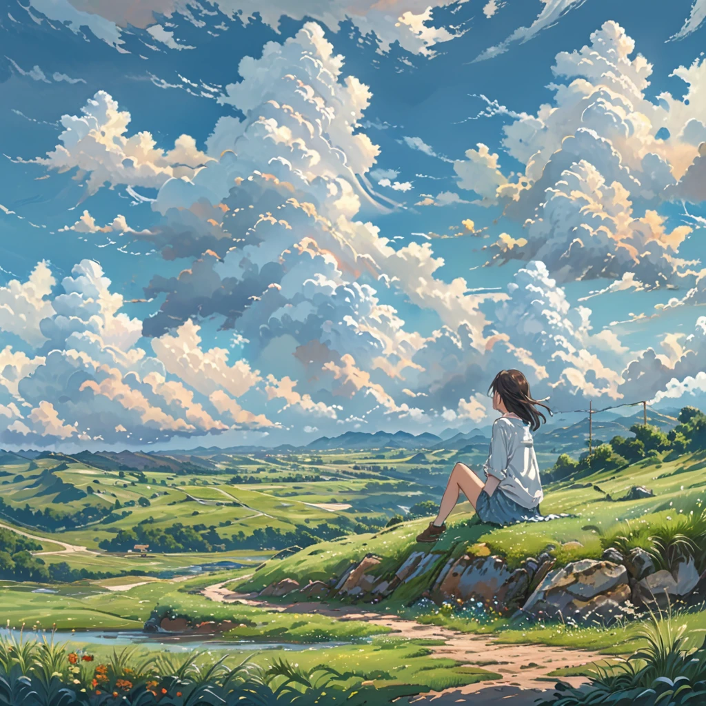 anime sketch, anime landscape, beautiful hair, boyfriend girlfriend sweet, looking at clouds, in a grassland, creative, realist, white clouds, blue sky, landscape amazing, guy looking away from camera, wide photo