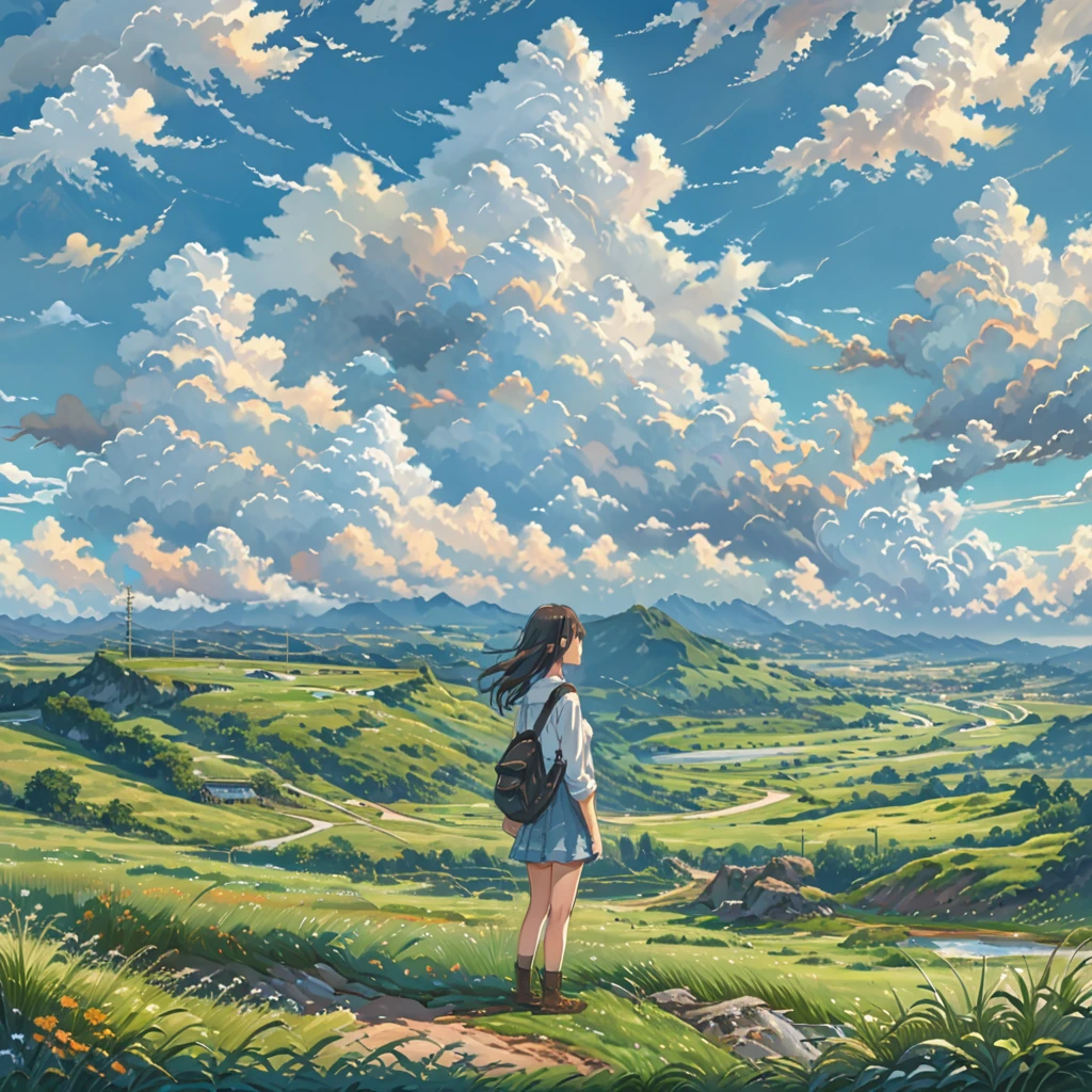 anime sketch, anime landscape, beautiful hair, boyfriend girlfriend sweet, looking at clouds, in a grassland, creative, realist, white clouds, blue sky, landscape amazing, guy looking away from camera, wide photo
