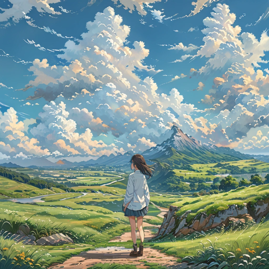anime sketch, anime landscape, beautiful hair, boyfriend girlfriend sweet, looking at clouds, in a grassland, creative, realist, white clouds, blue sky, landscape amazing, guy looking away from camera, wide photo

