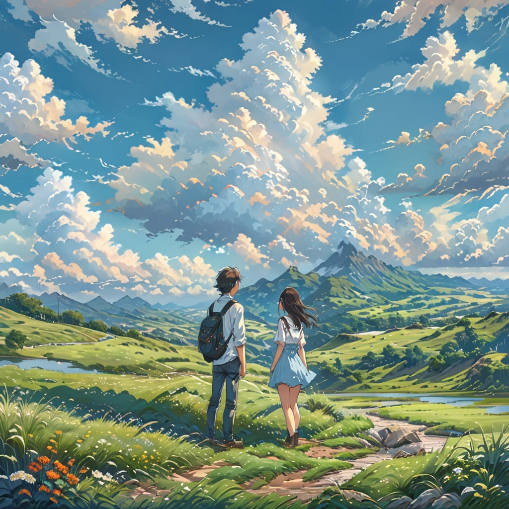anime sketch, anime landscape, beautiful hair, boyfriend girlfriend sweet, looking at clouds, in a grassland, creative, realist, white clouds, blue sky, landscape amazing, guy looking away from camera, wide photo