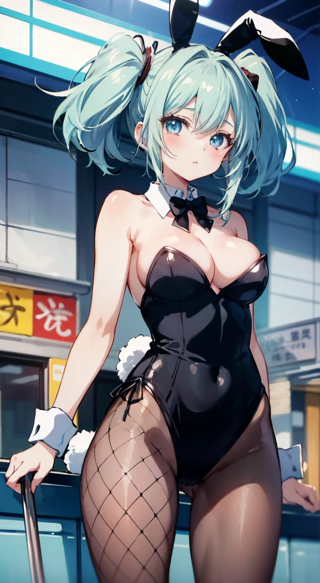 masterpiece, Highest quality, (anime screencap:1.3),(shape), cute,(Simple:1), (anime:1.2),Solo Sharp Focus, 1 girl, Cleavage,Looking at the audience, Japan,((Fishnet tights)),Are standing, ((Bunny Girl)),Pub,Large Breasts,Browsing Caution,cute eyes,Puffy eyes,Browsing Caution,Twin tail hair,