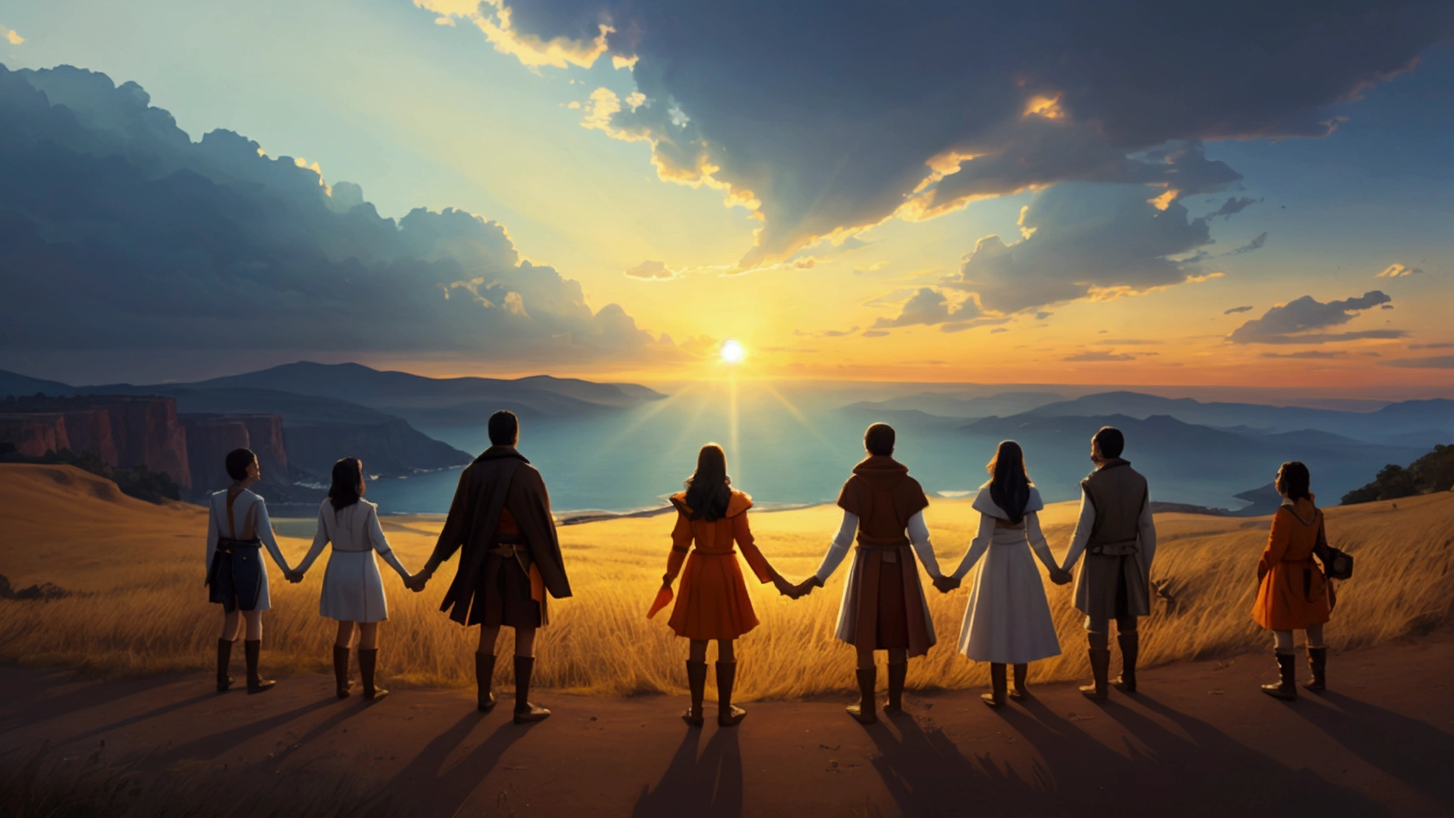 "Description: Illustrate a scene where individuals, empowered by their faith, face the future with confidence and hope. Show them standing together, looking towards a bright and hopeful horizon.
Details:
Imagery: Depict a diverse group of people standing side by side on a hill or at the edge of a cliff, gazing at a vibrant, hopeful sunrise or a radiant horizon. They could be holding hands or engaged in a moment of collective reflection.
Color Scheme: Use warm and uplifting colors like golds, oranges, and soft blues to convey hope and confidence. The sunrise or horizon should be bright and welcoming.
Background Elements: Incorporate elements such as a sunrise, a path leading forward, or a horizon bathed in light to symbolize a hopeful future and the collective strength of faith."