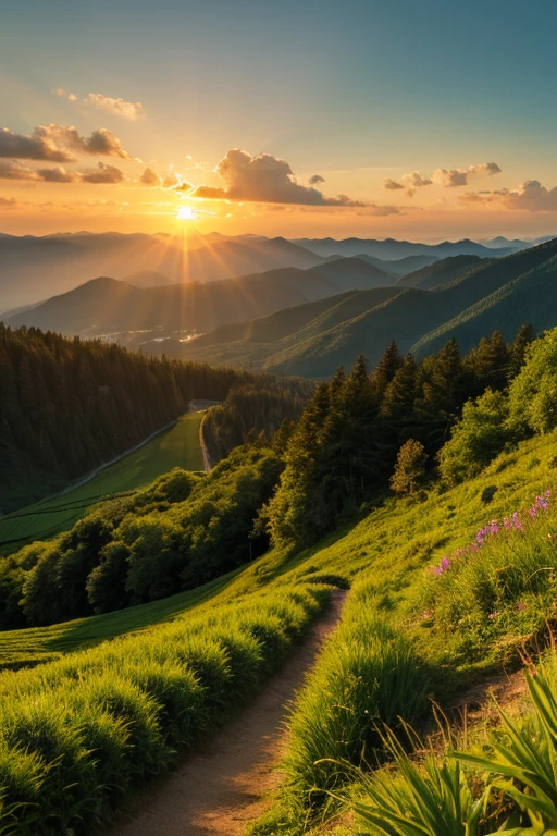 Mountain、green、sunset