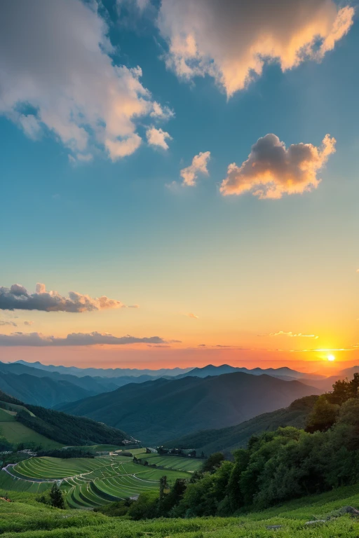 Mountain、green、sunset