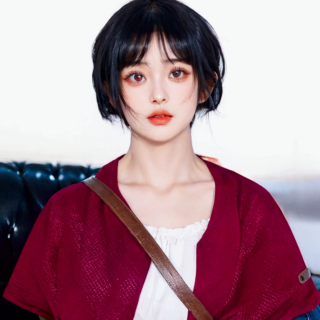 cute girl, large eyes, pompous lips, short black hair with bangs. ultra 4k HD quality. hanni of new jeans
