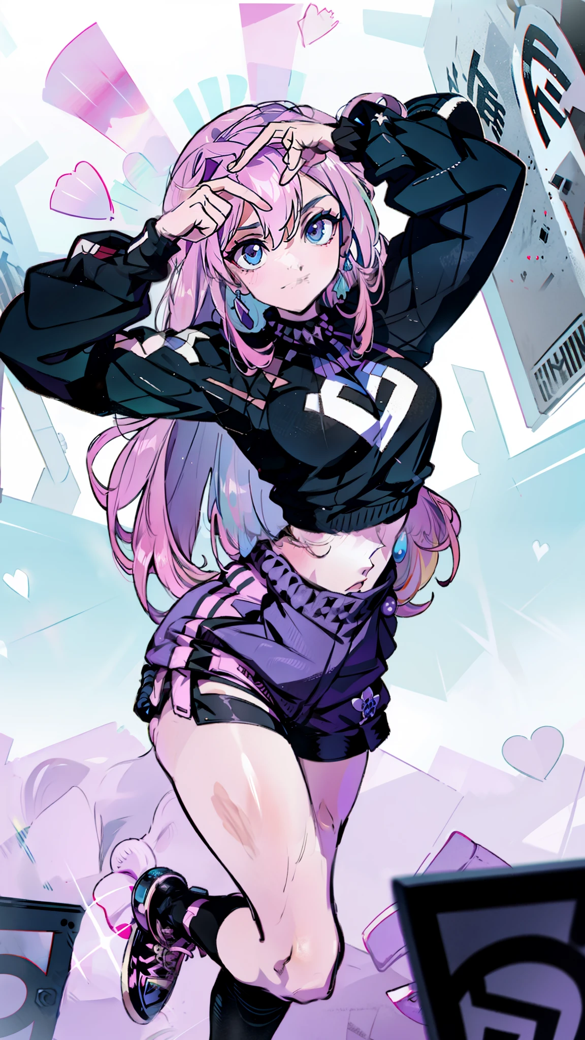 (masterpiece, best quality, 1girl, solo, intricate details, chromatic aberration), realistic, ((medium breath)),long hair, pink hair, red head ornament, pink highlights, hair over one eye,purple eyes, earrings, sharp eyes, choker, neon shirt, open jacket, crop top, (symmetry eyes),(perfect symmetrical body),against wall, brick wall, graffiti, dim lighting, alley ,look at viewer, woman at a gym, cute, front Pose, fitness girl, standing, erect Pose, symetrical, fitness model, skinny, Red sneakers, best qualityer, relaxed arms, hands down, ankle, fullbody view, stand straight with your back upright. Keep your shoulders back and maintain a straight line from your head to your feet, symmetrical frontal view, face aligned, hearts hand pose