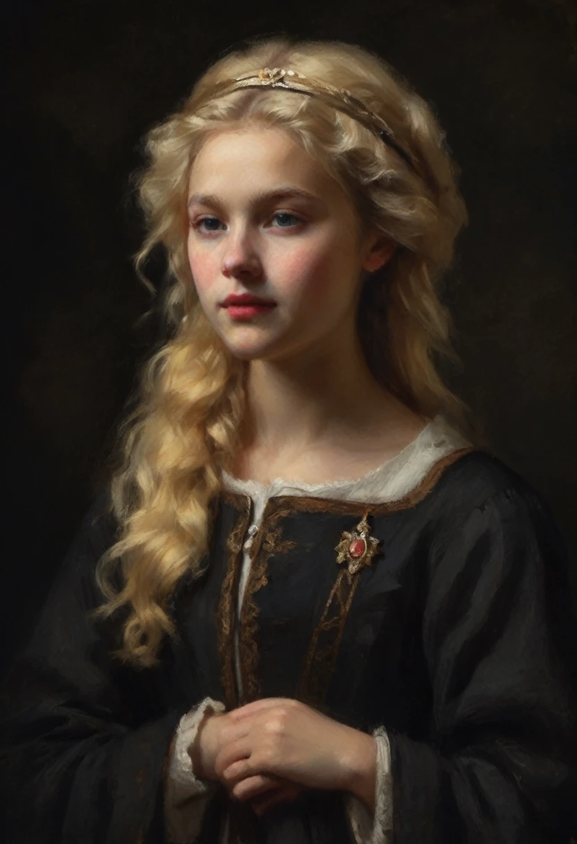 score_9, score_8_up, score_7_up, score_6_up, score_5_up, score_4_up, A blonde girl standing, royal clothes, black background, dramatic diagonal lighting, painterly, realistic painting, soft feature, detailed hands, detailed, rembrandt lighting, artwork of upper body
