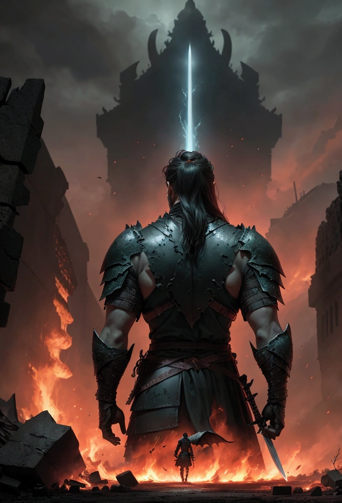 "Create a dramatic fantasy book cover featuring the back of a lone warrior standing on a burned, ashen ground, holding a sword. He faces a massive, dark green wyvern, whose menacing head looms up close in front of him. The surroundings are charred and smoky, emphasizing the aftermath of destruction. The atmosphere should be intense and foreboding, with a dark, fiery color palette. The warrior's stance is resolute, hinting at his determination and courage in the face of overwhelming danger."