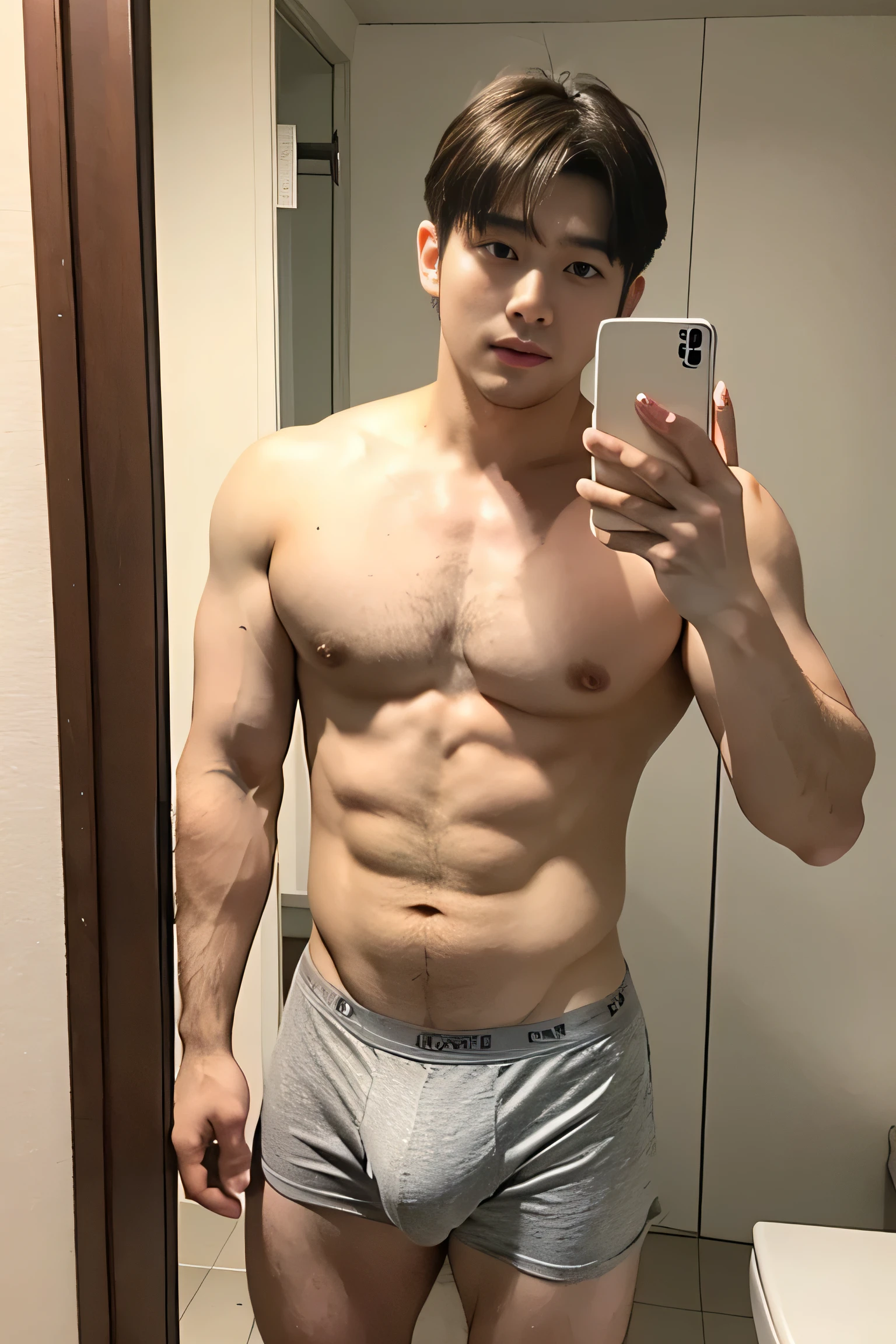 Handsome Korean chubby man in his 20s, slightly chubby muscular man, chest muscle development, thigh muscle development, I take a picture of myself reflected in the bathroom mirror with my Samsung phone...., Wearing only gray boxer shorts, broad shoulders, Fluffy panties, copper skin, Smooth without hair