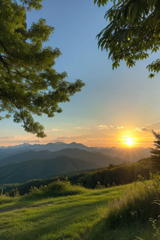 Mountain、green、sunset