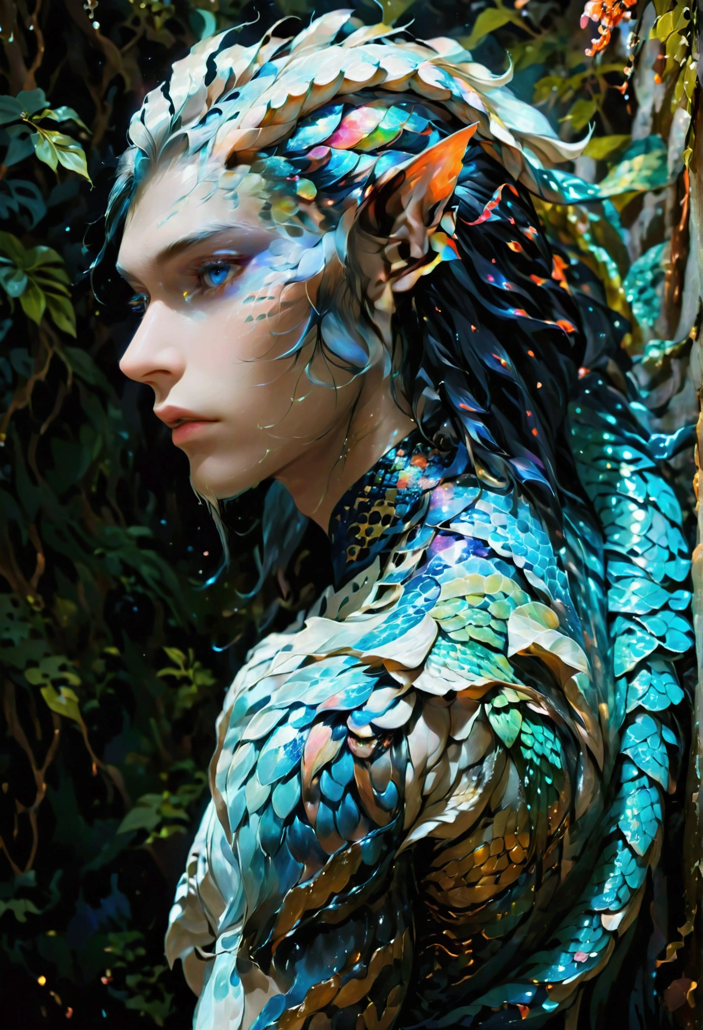 A male naga with Androgynous, delicate facial features that blend masculine Pale, porcelain-like skin with a soft, flawless complexion that radiates an almost ethereal quality Long, flowing hair that cascades around the face and shoulders, the color a rich, deep shade of blue or midnight black A slender, lithe upper body with a graceful, almost dancer-like posture, devoid of overt musculature Naga Traits: The naga’s lower body seamlessly transitions into a long, serpentine tail covered in glistening, iridescent scales that shift and glimmer with a mesmerizing array of colors The tail is powerful and sinuous, tapering to a dramatic point and suggesting the naga’s incredible strength and agility The naga’s hands may have a subtle clawed or reptilian quality, hinting at their dual nature