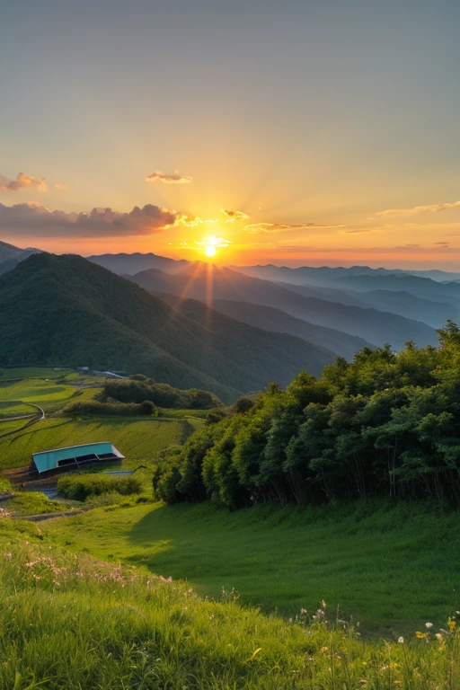 Mountain、green、sunset