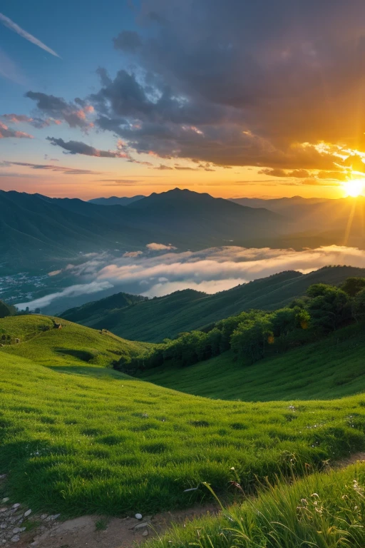 Mountain、green、sunset