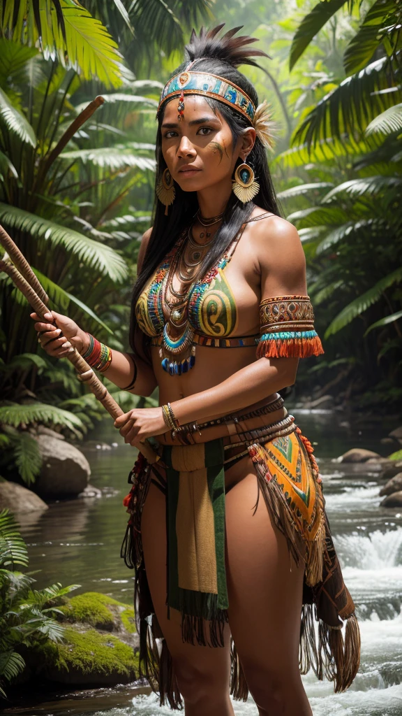 arafed woman in native dress holding a stick in a river, amazon indian peoples in brazil, amazon warrior, forest hunter lady, a young female shaman, north adult female warrior, wearing tribal armor, in a jungle environment, amazon queen, holding a spear, tribal clothing, gorgeous jungle ranger, indigenous, holding spear, she is dressed in shaman clothes