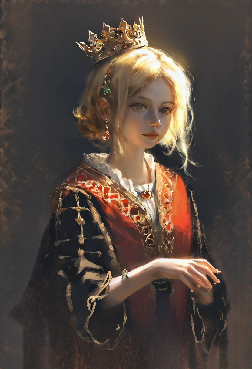 score_9, score_8_up, score_7_up, score_6_up, score_5_up, score_4_up, A blonde girl standing, royal clothes, black background, dramatic diagonal lighting, painterly, realistic painting, soft feature, detailed hands, detailed, rembrandt lighting, artwork of upper body
