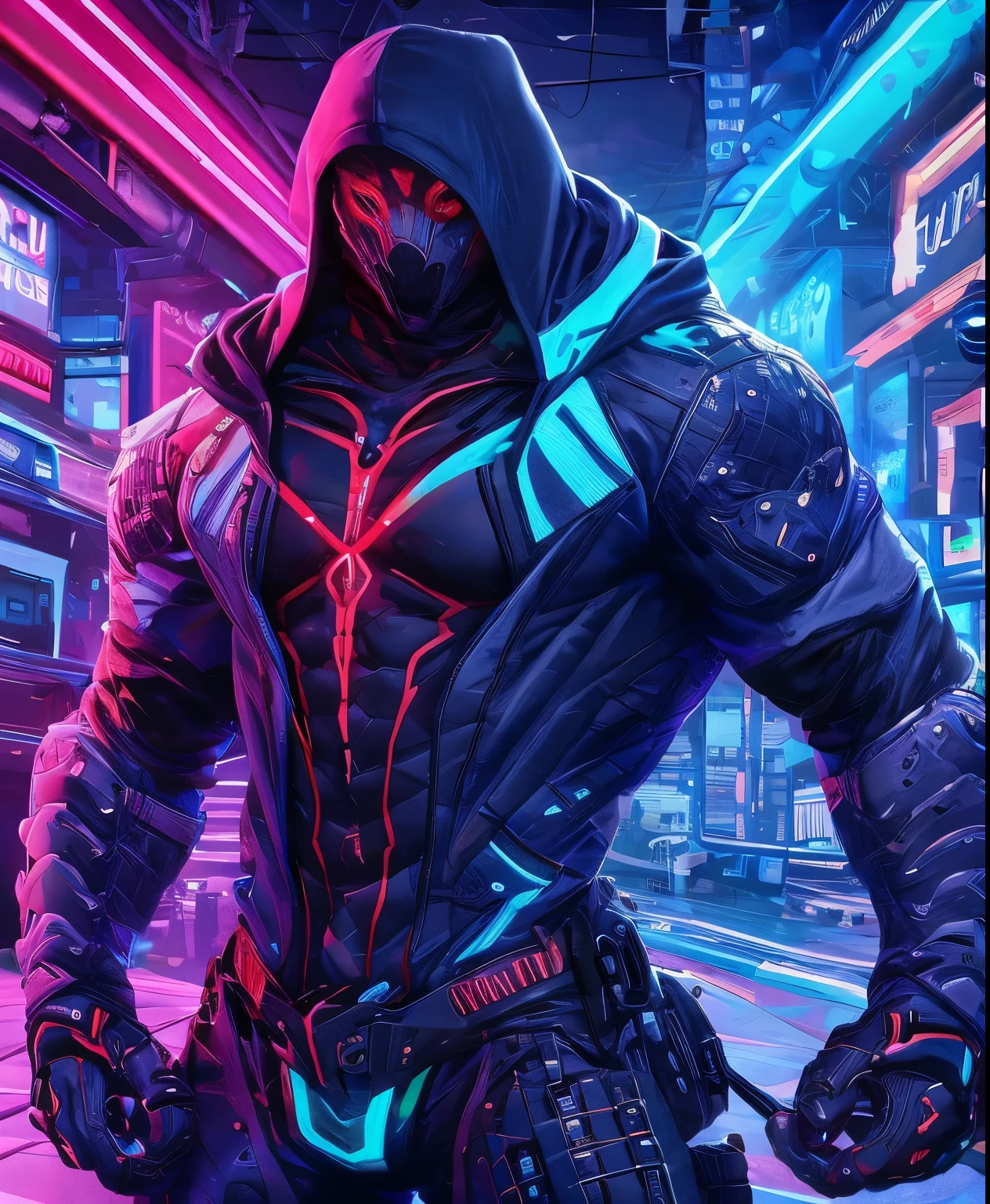 a man in a neon blue jacket and black pants standing in a dark room, full body suit, wearing cultist neon blue robe, neon attire, character from mortal kombat, as a character in tekken, fighting game character, cyberpunk assassin, neon blue hooded mage, cyberpunk outfits, crimson clothes, the neon blue ninja, wearing leather assassin armor, an edgy teen assassin, cool neon blue jacket, cyberpunk street goon