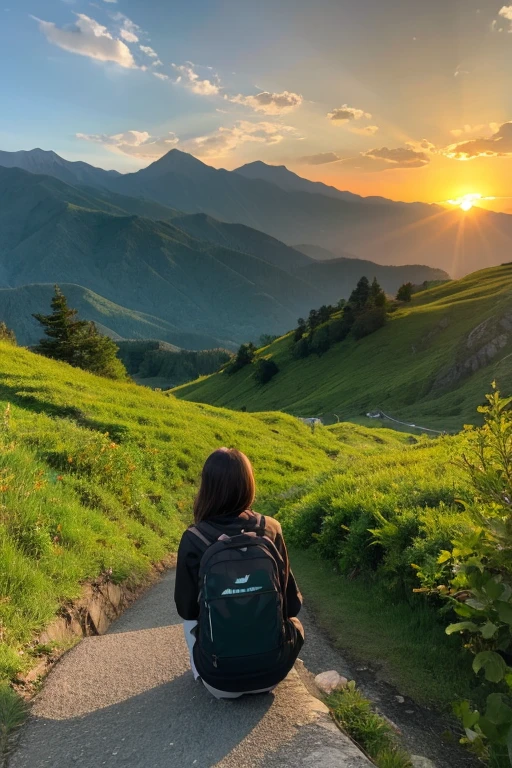 Mountain、green、sunset